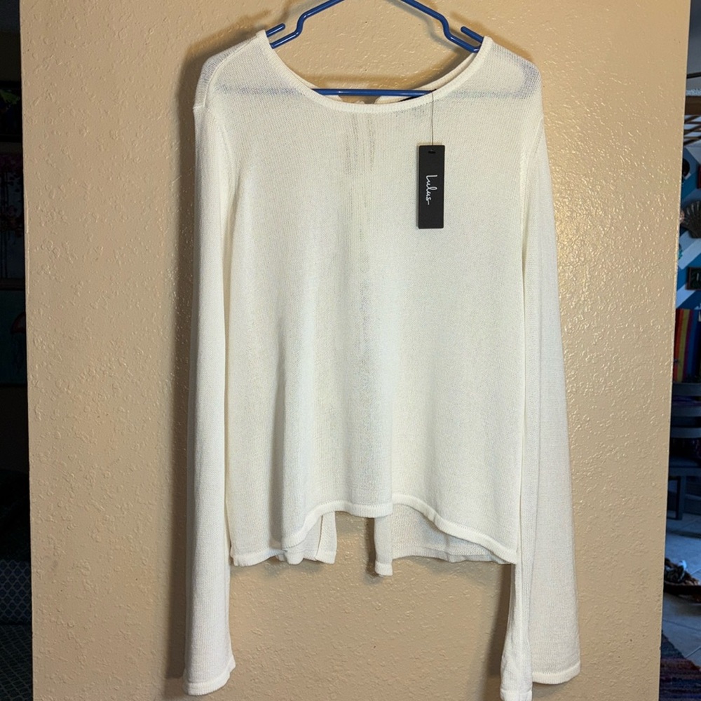 NWT LULUS Ivory white knit, scoopneck wide sleeve, triple tie in the back, open